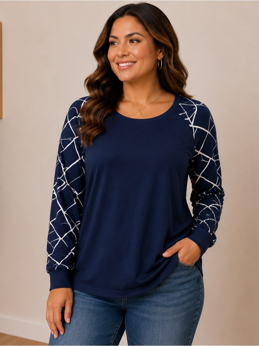 BloomChic Navy Raglan Long Sleeve Top with White Geo Print Sleeves